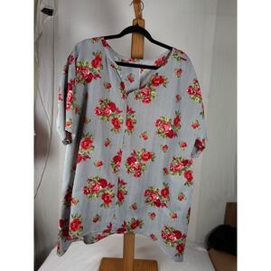 Floral Striped Split V-Neck Short Sleeve Blouse Red Roses Black White Top